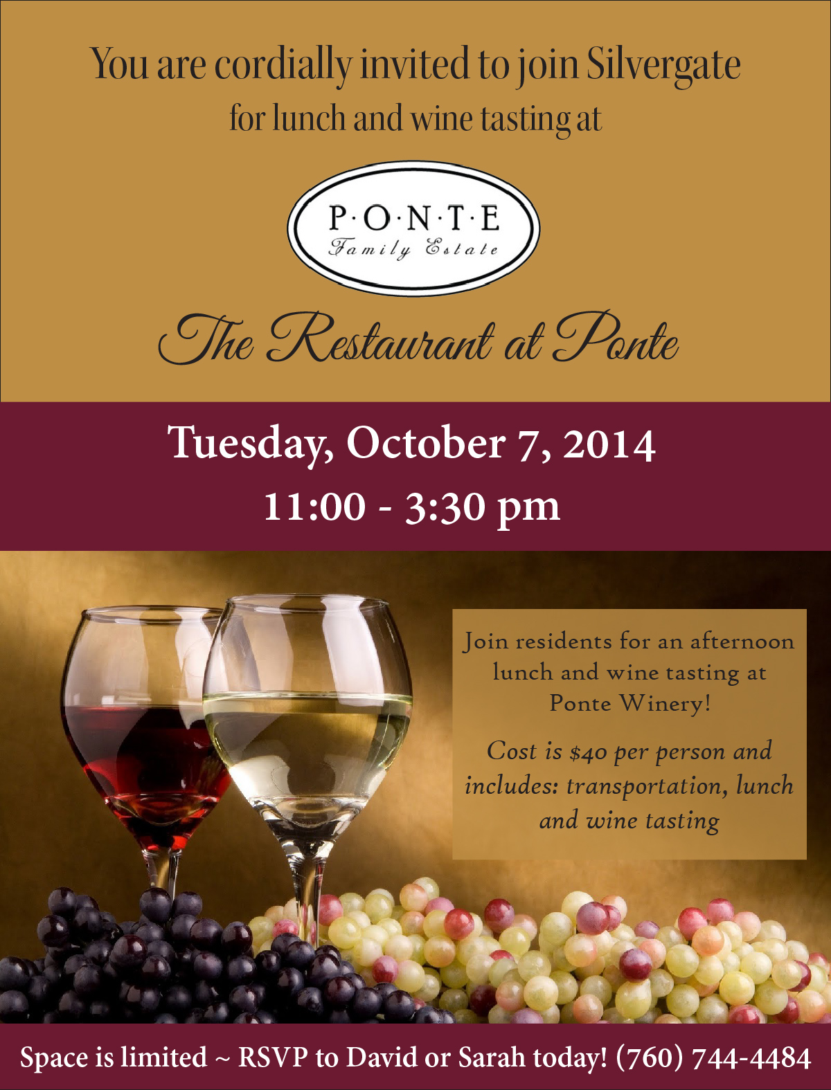 Join Silvergate for lunch and wine tasting at Ponte